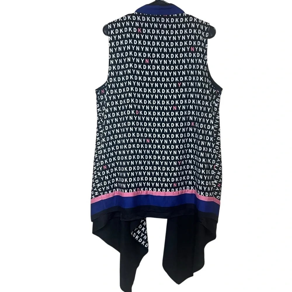 DKNY Donna Karan Logo Open Front Vest Sleeveless Cardigan Career Lagenlook M/L - Picture 2 of 9